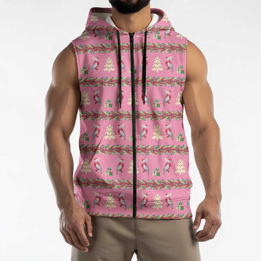 Australia Pink Galah Christmas Sleeveless Zip Hoodie Eolophus Roseicapilla Bottlebrush Seamless LT14