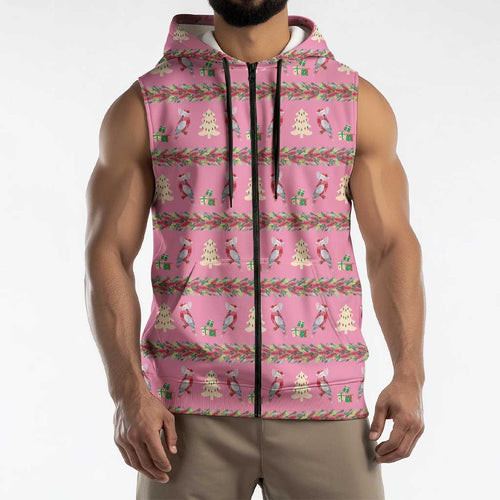 Australia Pink Galah Christmas Sleeveless Zip Hoodie Eolophus Roseicapilla Bottlebrush Seamless LT14