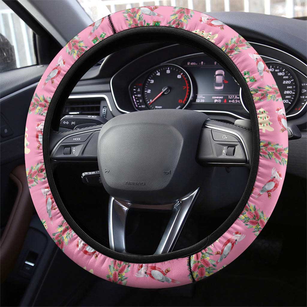 Australia Pink Galah Christmas Steering Wheel Cover Eolophus Roseicapilla Bottlebrush Seamless - Aussie Hoodie
