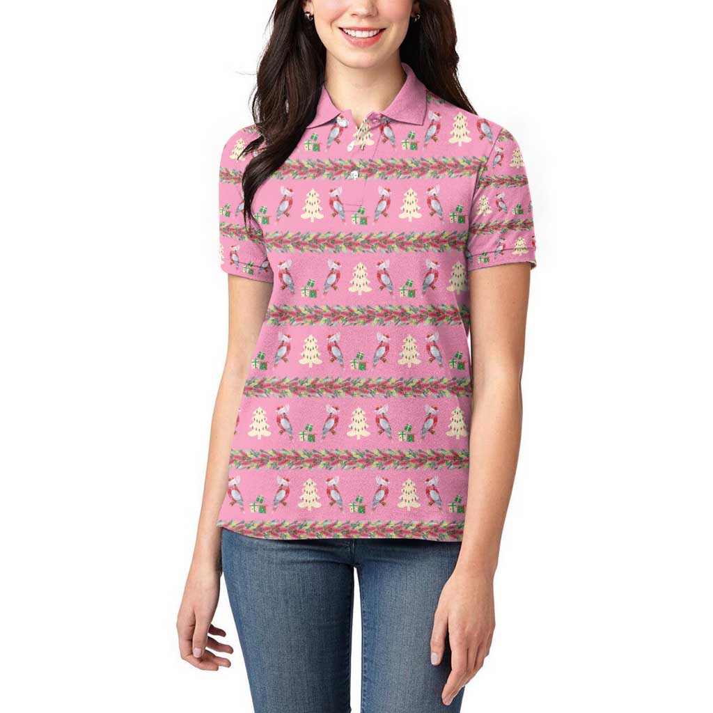 Australia Pink Galah Christmas Women Polo Shirt Eolophus Roseicapilla Bottlebrush Seamless - Aussie Hoodie