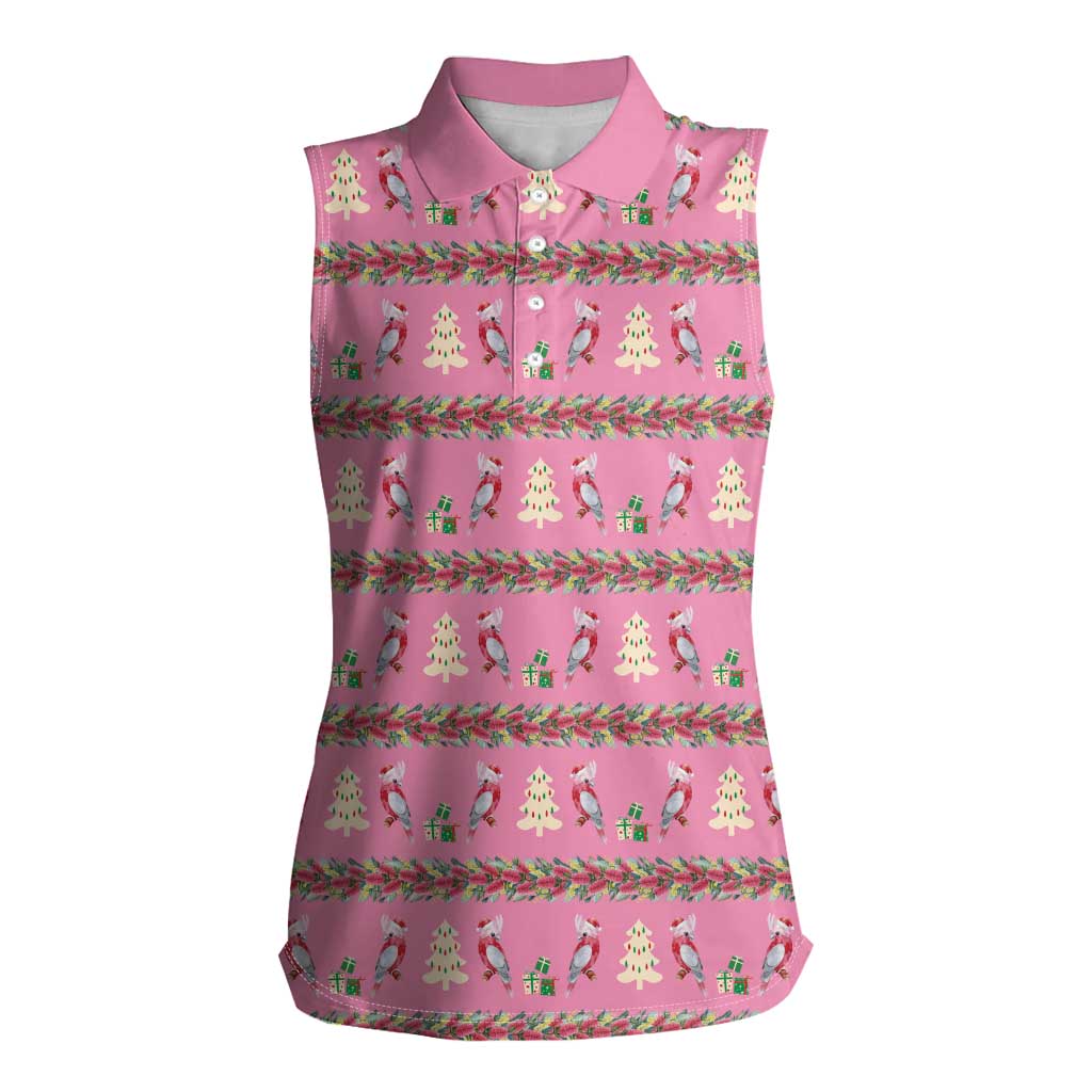 Australia Pink Galah Christmas Women Sleeveless Polo Shirt Eolophus Roseicapilla Bottlebrush Seamless - Aussie Hoodie