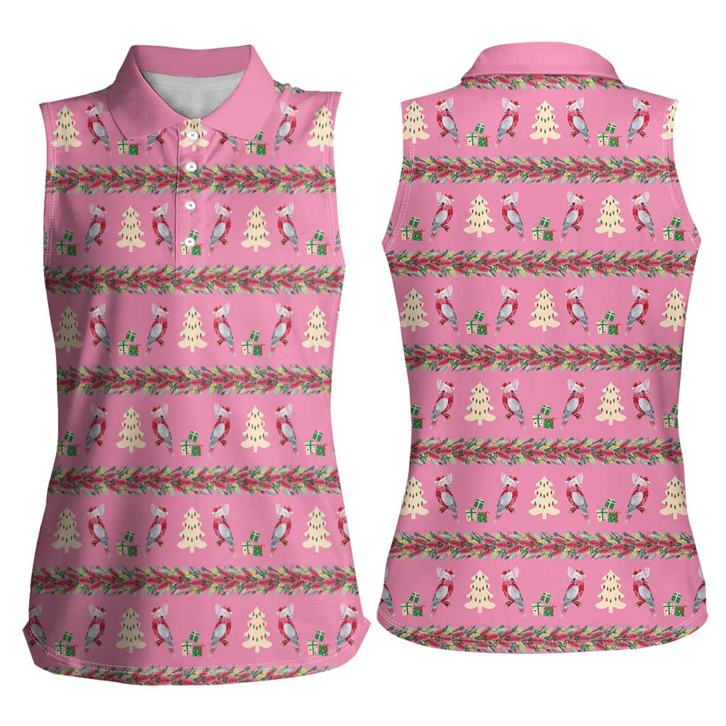 Australia Pink Galah Christmas Women Sleeveless Polo Shirt Eolophus Roseicapilla Bottlebrush Seamless - Aussie Hoodie