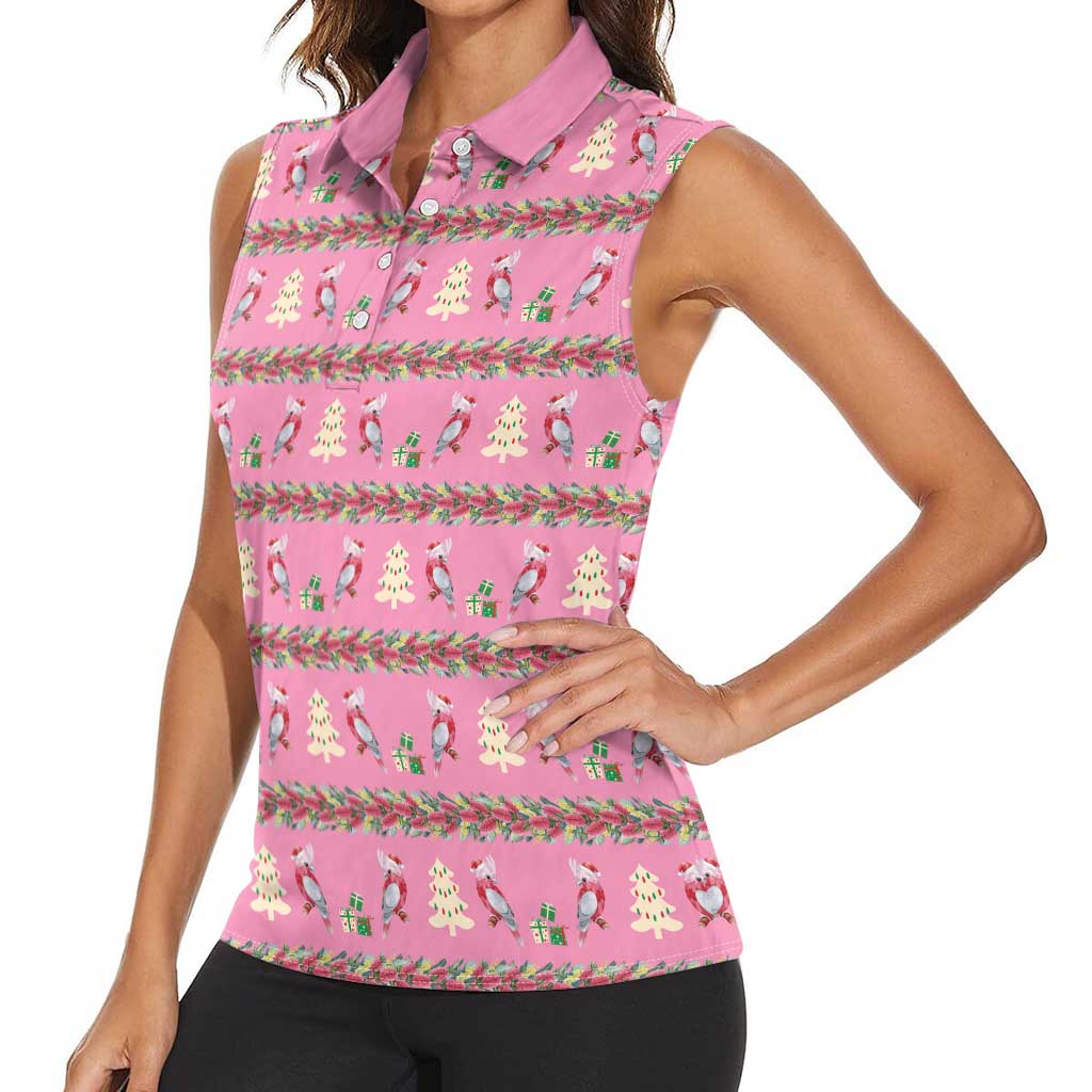 Australia Pink Galah Christmas Women Sleeveless Polo Shirt Eolophus Roseicapilla Bottlebrush Seamless - Aussie Hoodie