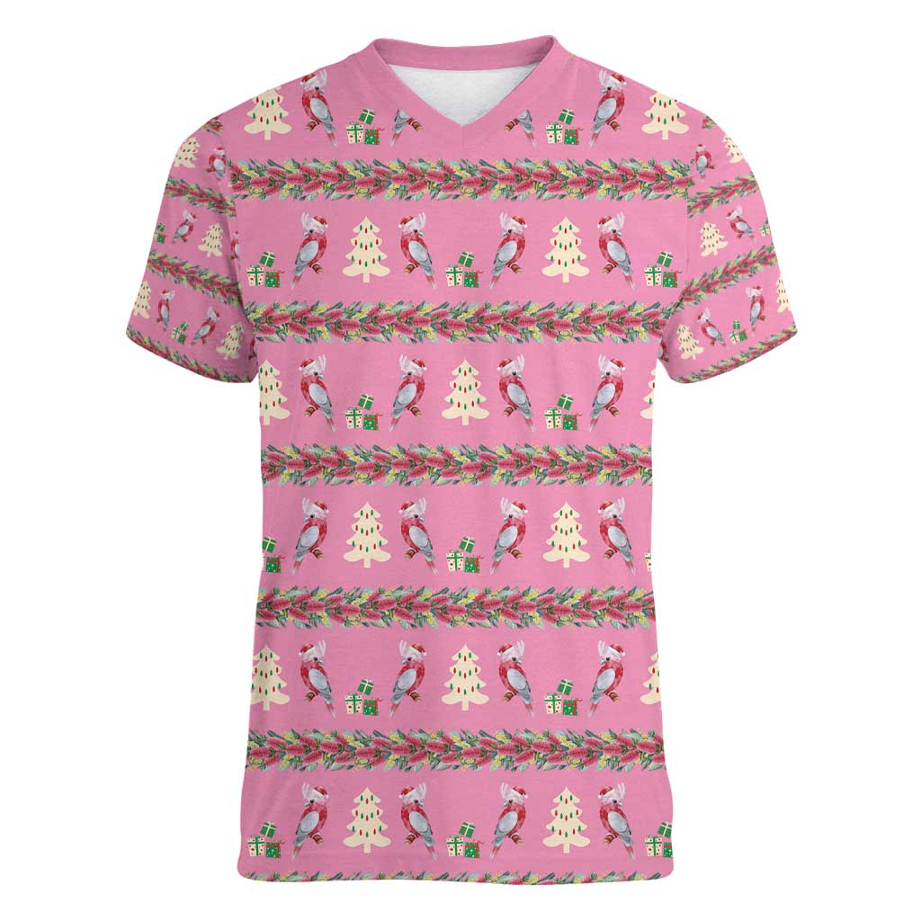 Australia Pink Galah Christmas Women V-Neck T-Shirt Eolophus Roseicapilla Bottlebrush Seamless - Aussie Hoodie