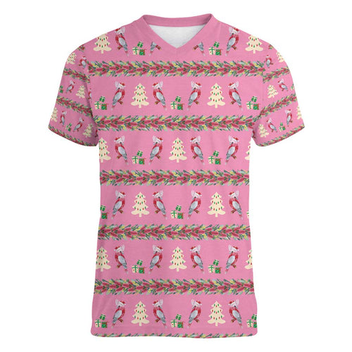 Australia Pink Galah Christmas Women V-Neck T-Shirt Eolophus Roseicapilla Bottlebrush Seamless - Aussie Hoodie