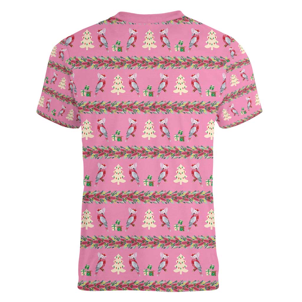 Australia Pink Galah Christmas Women V-Neck T-Shirt Eolophus Roseicapilla Bottlebrush Seamless - Aussie Hoodie