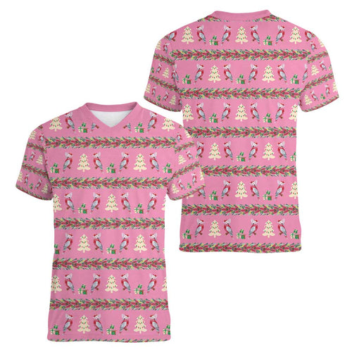 Australia Pink Galah Christmas Women V-Neck T-Shirt Eolophus Roseicapilla Bottlebrush Seamless - Aussie Hoodie
