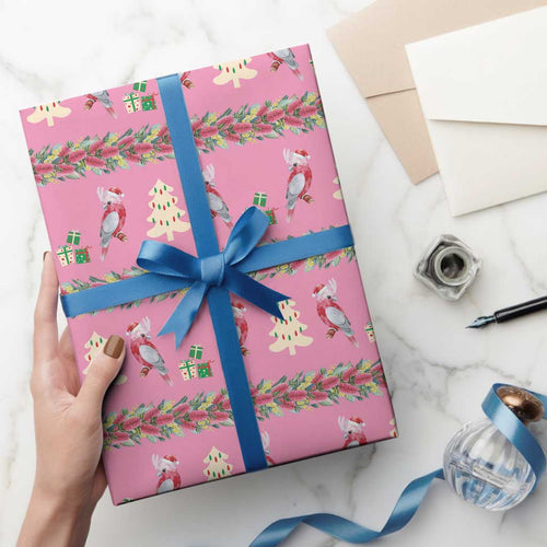 Australia Pink Galah Christmas Wrapping Paper Eolophus Roseicapilla Bottlebrush Seamless - Aussie Hoodie