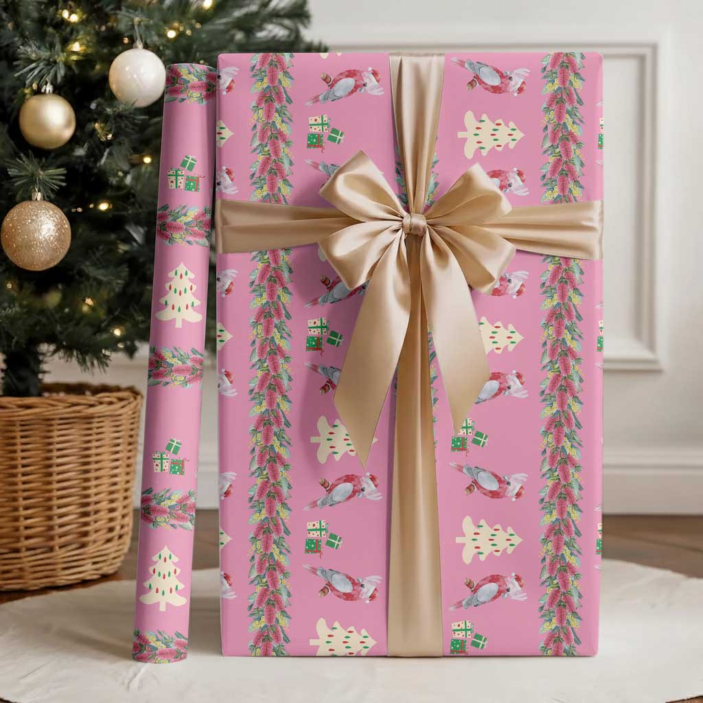 Australia Pink Galah Christmas Wrapping Paper Eolophus Roseicapilla Bottlebrush Seamless - Aussie Hoodie