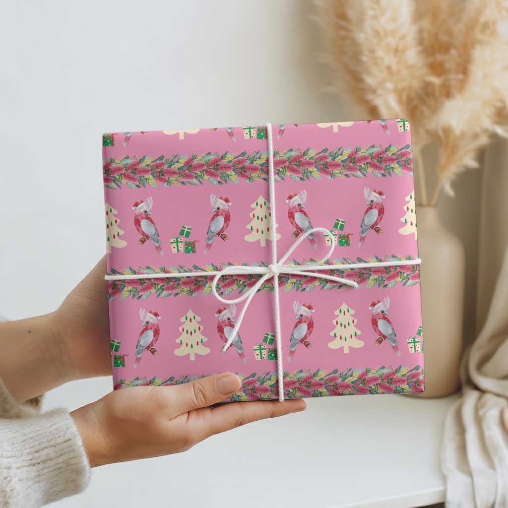 Australia Pink Galah Christmas Wrapping Paper Eolophus Roseicapilla Bottlebrush Seamless - Aussie Hoodie
