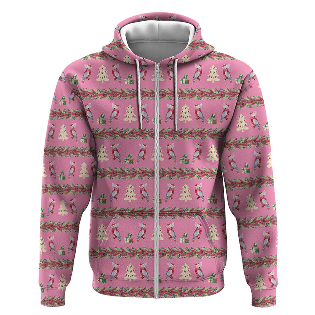 Australia Pink Galah Christmas Zip Hoodie Eolophus Roseicapilla Bottlebrush Seamless - Aussie Hoodie