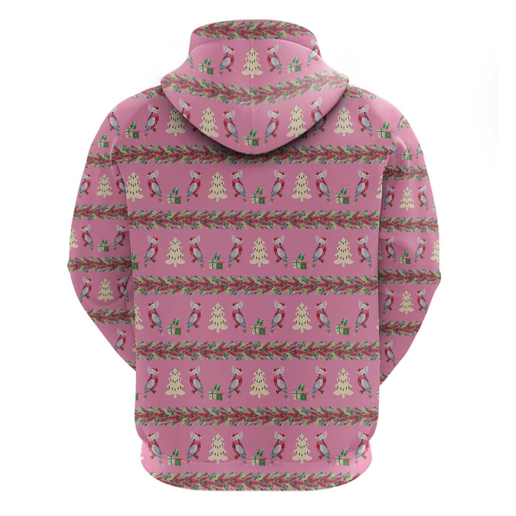 Australia Pink Galah Christmas Zip Hoodie Eolophus Roseicapilla Bottlebrush Seamless - Aussie Hoodie