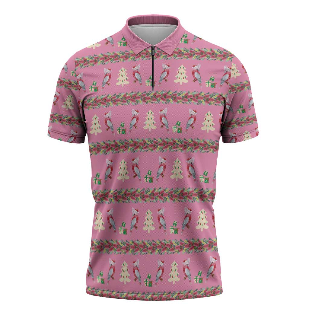 Australia Pink Galah Christmas Zipper Polo Shirt Eolophus Roseicapilla Bottlebrush Seamless - Aussie Hoodie