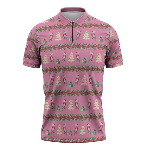 Australia Pink Galah Christmas Zipper Polo Shirt Eolophus Roseicapilla Bottlebrush Seamless - Aussie Hoodie