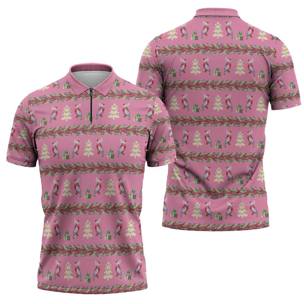 Australia Pink Galah Christmas Zipper Polo Shirt Eolophus Roseicapilla Bottlebrush Seamless - Aussie Hoodie