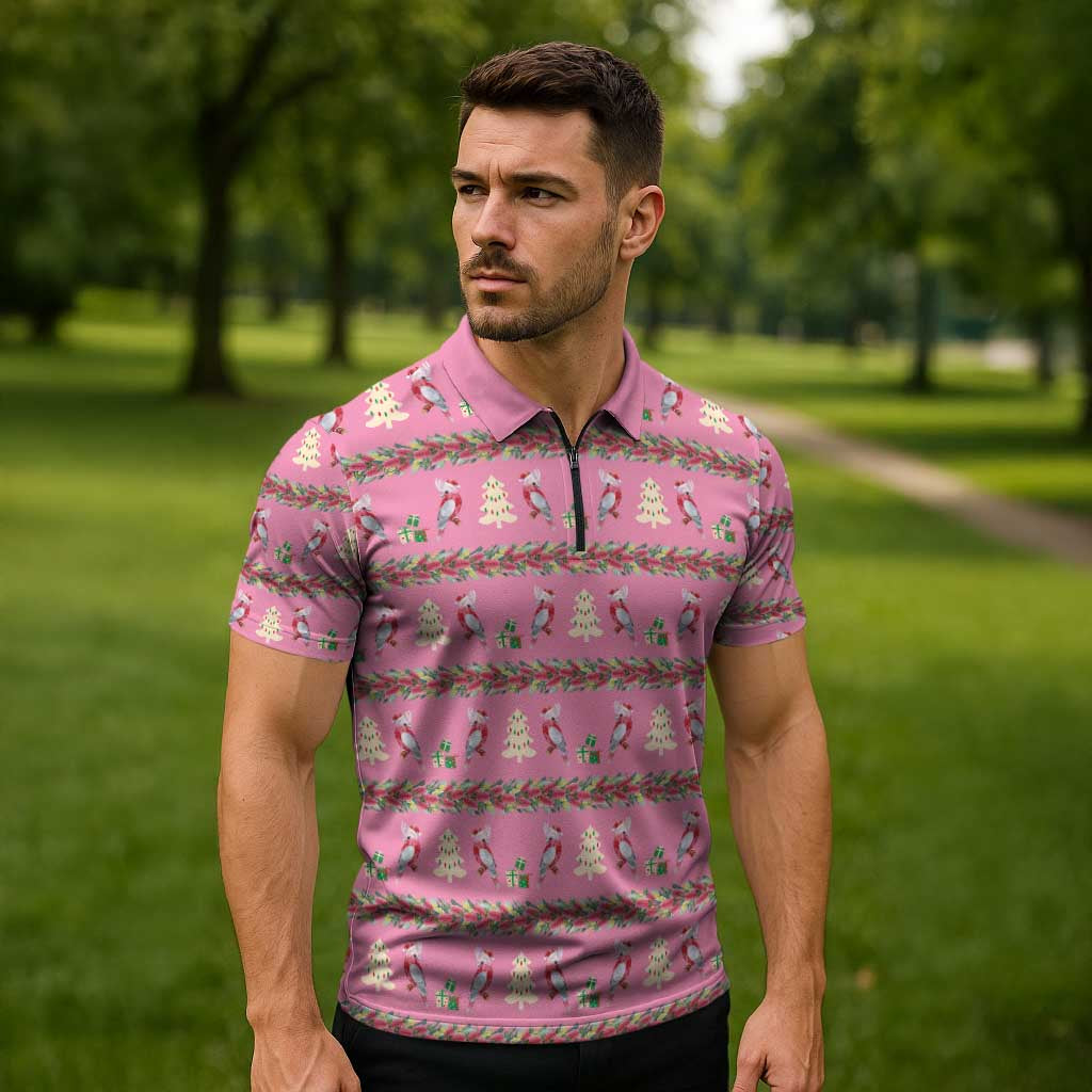 Australia Pink Galah Christmas Zipper Polo Shirt Eolophus Roseicapilla Bottlebrush Seamless - Aussie Hoodie