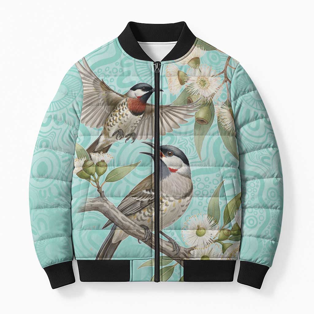 Australia Red Wattlebird Bomber Puffer Jacket Eucalyptus Alba Indigenous Art - Aussie Hoodie
