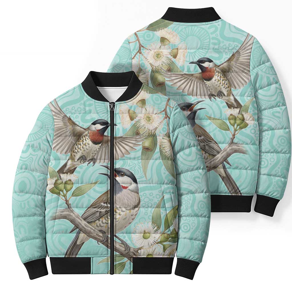 Australia Red Wattlebird Bomber Puffer Jacket Eucalyptus Alba Indigenous Art - Aussie Hoodie