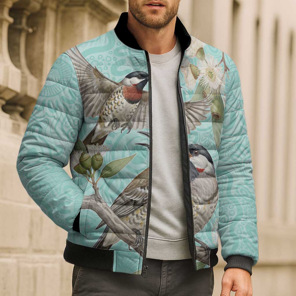Australia Red Wattlebird Bomber Puffer Jacket Eucalyptus Alba Indigenous Art - Aussie Hoodie