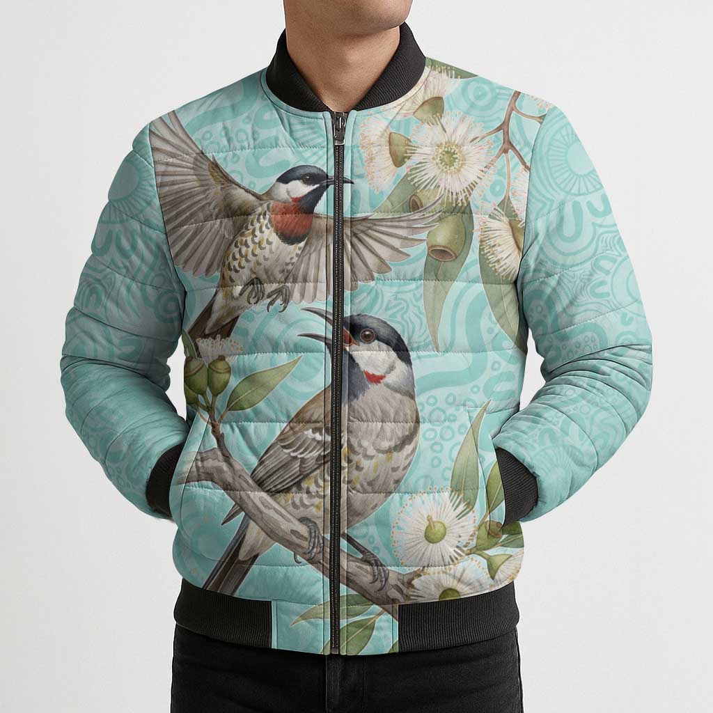 Australia Red Wattlebird Bomber Puffer Jacket Eucalyptus Alba Indigenous Art - Aussie Hoodie