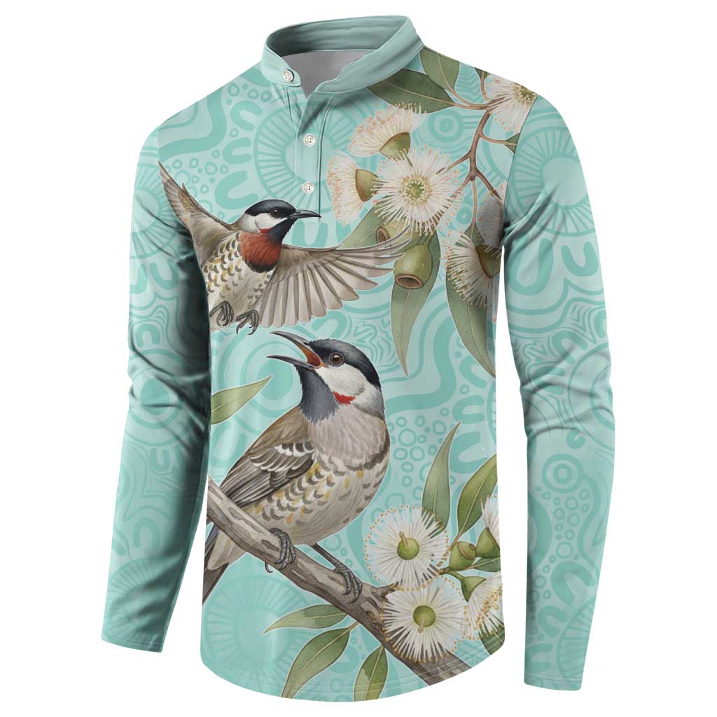 Australia Red Wattlebird Button Sweatshirt Eucalyptus Alba Indigenous Art - Aussie Hoodie