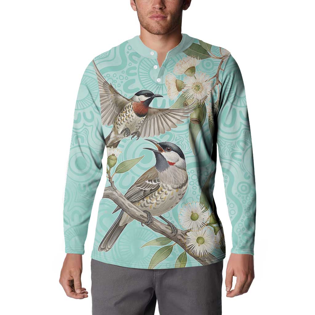 Australia Red Wattlebird Button Sweatshirt Eucalyptus Alba Indigenous Art - Aussie Hoodie