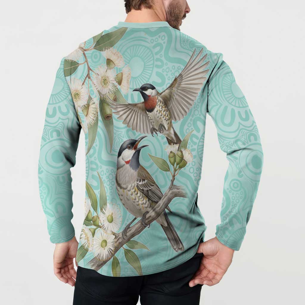 Australia Red Wattlebird Button Sweatshirt Eucalyptus Alba Indigenous Art - Aussie Hoodie