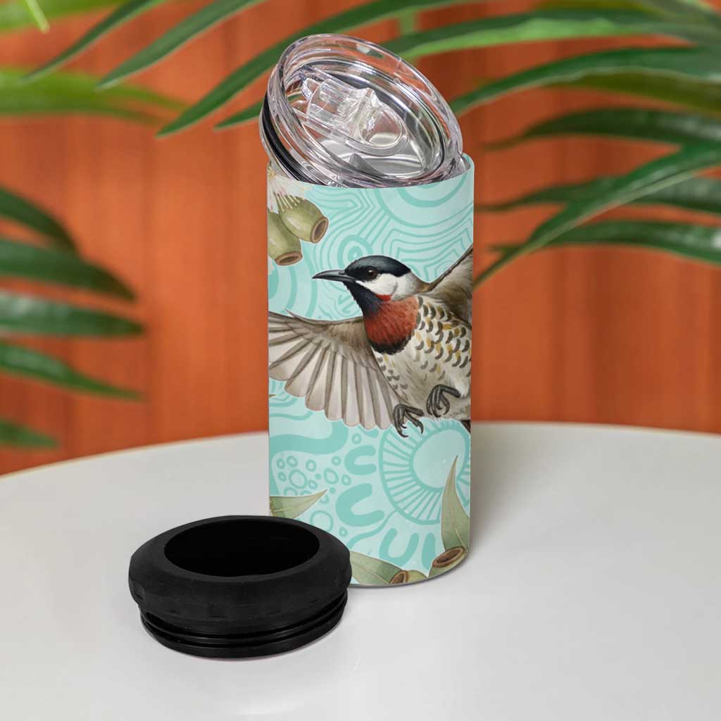 Australia Red Wattlebird 4 in 1 Can Cooler Tumbler Eucalyptus Alba Indigenous Art - Aussie Hoodie