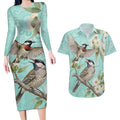 Australia Red Wattlebird Couples Matching Long Sleeve Bodycon Dress and Hawaiian Shirt Eucalyptus Alba Indigenous Art - Aussie Hoodie