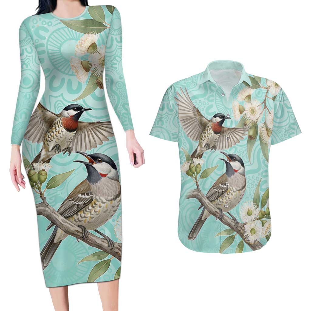 Australia Red Wattlebird Couples Matching Long Sleeve Bodycon Dress and Hawaiian Shirt Eucalyptus Alba Indigenous Art - Aussie Hoodie
