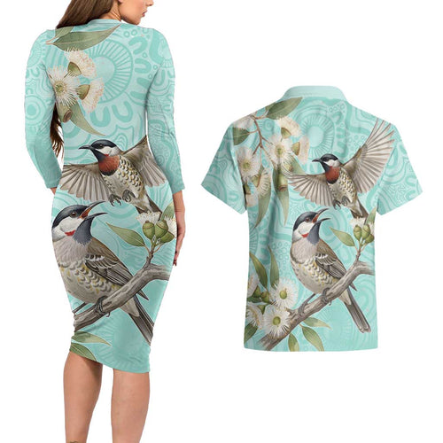 Australia Red Wattlebird Couples Matching Long Sleeve Bodycon Dress and Hawaiian Shirt Eucalyptus Alba Indigenous Art - Aussie Hoodie