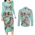 Australia Red Wattlebird Couples Matching Long Sleeve Bodycon Dress and Long Sleeve Button Shirt Eucalyptus Alba Indigenous Art - Aussie Hoodie