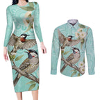 Australia Red Wattlebird Couples Matching Long Sleeve Bodycon Dress and Long Sleeve Button Shirt Eucalyptus Alba Indigenous Art - Aussie Hoodie