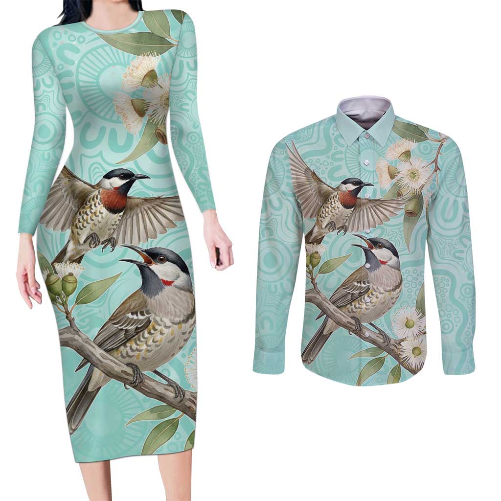 Australia Red Wattlebird Couples Matching Long Sleeve Bodycon Dress and Long Sleeve Button Shirt Eucalyptus Alba Indigenous Art - Aussie Hoodie