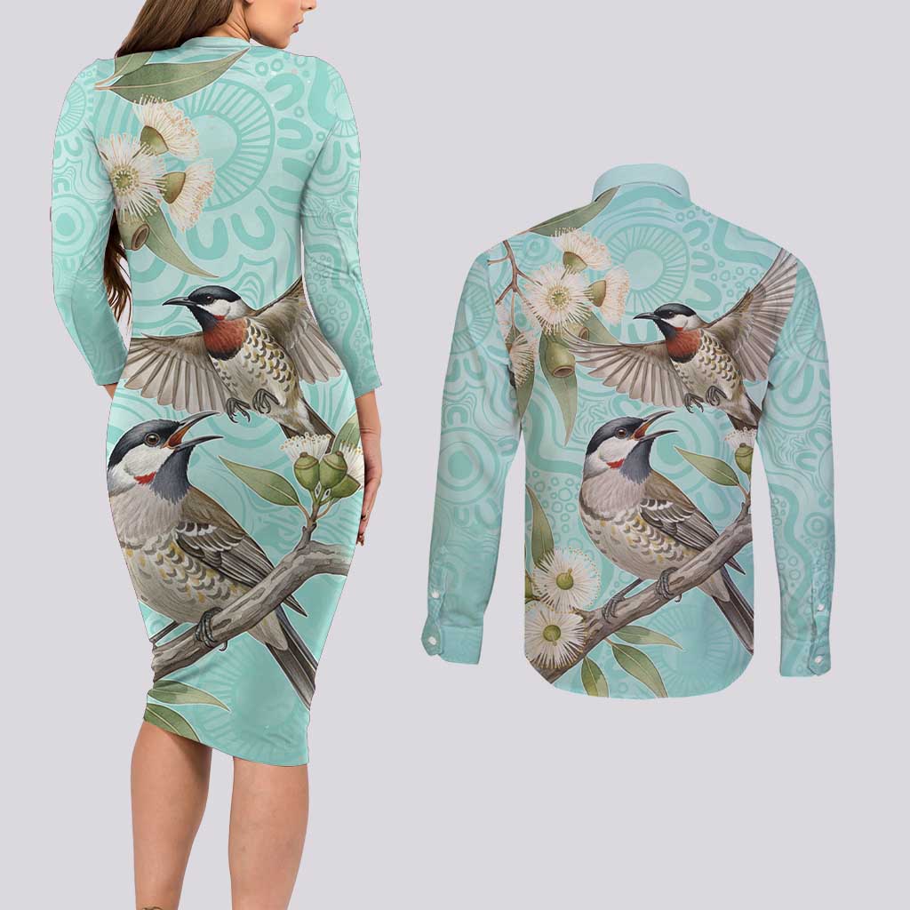 Australia Red Wattlebird Couples Matching Long Sleeve Bodycon Dress and Long Sleeve Button Shirt Eucalyptus Alba Indigenous Art - Aussie Hoodie