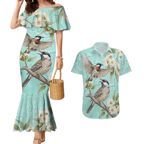 Australia Red Wattlebird Couples Matching Mermaid Dress and Hawaiian Shirt Eucalyptus Alba Indigenous Art - Aussie Hoodie
