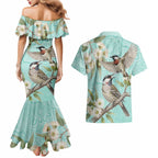 Australia Red Wattlebird Couples Matching Mermaid Dress and Hawaiian Shirt Eucalyptus Alba Indigenous Art - Aussie Hoodie
