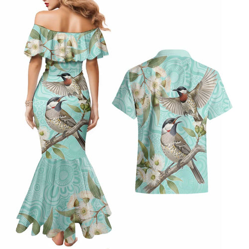 Australia Red Wattlebird Couples Matching Mermaid Dress and Hawaiian Shirt Eucalyptus Alba Indigenous Art - Aussie Hoodie