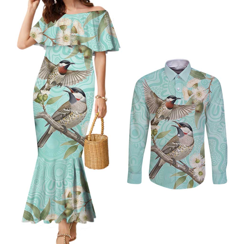Australia Red Wattlebird Couples Matching Mermaid Dress and Long Sleeve Button Shirt Eucalyptus Alba Indigenous Art - Aussie Hoodie