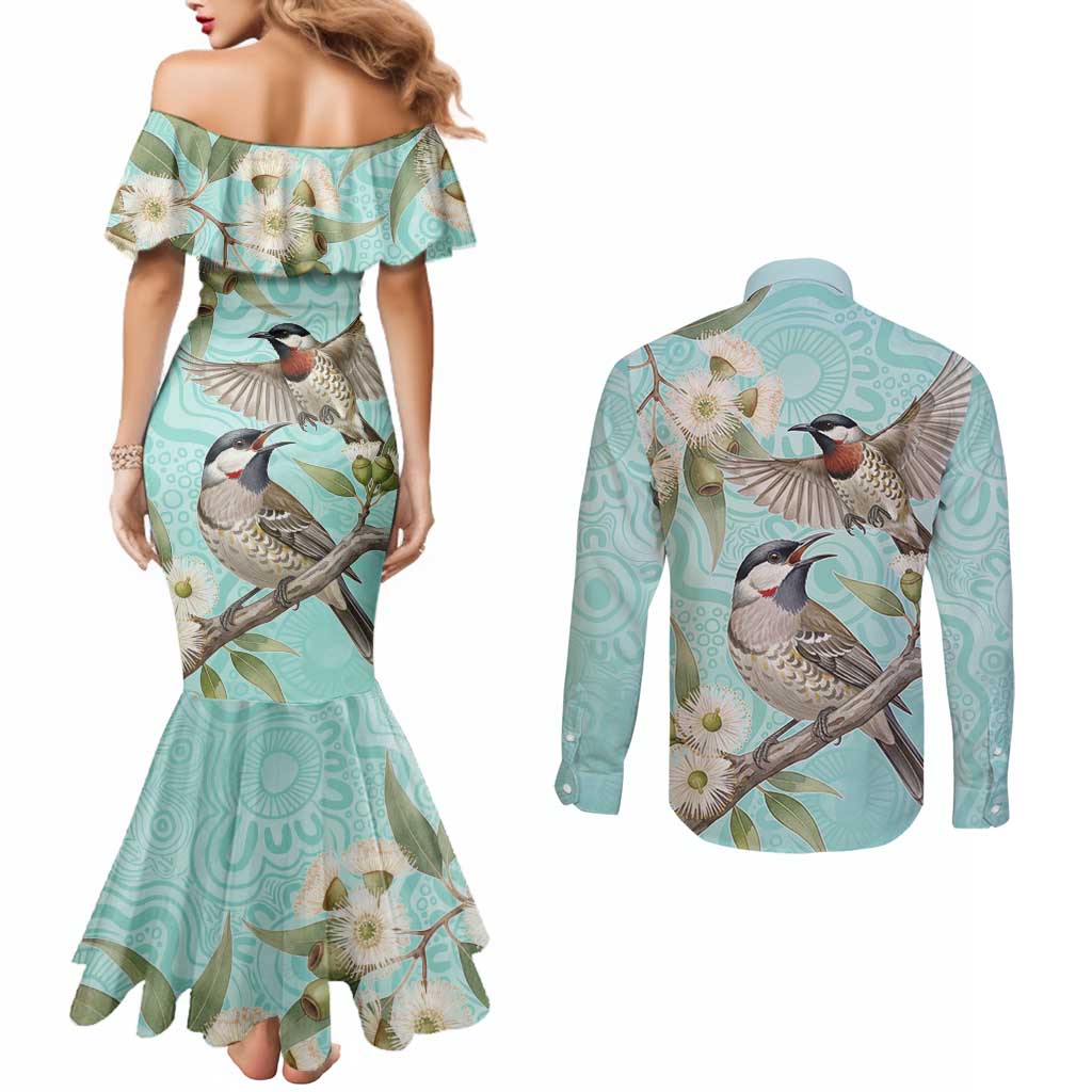 Australia Red Wattlebird Couples Matching Mermaid Dress and Long Sleeve Button Shirt Eucalyptus Alba Indigenous Art - Aussie Hoodie