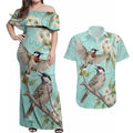 Australia Red Wattlebird Couples Matching Off Shoulder Maxi Dress and Hawaiian Shirt Eucalyptus Alba Indigenous Art - Aussie Hoodie