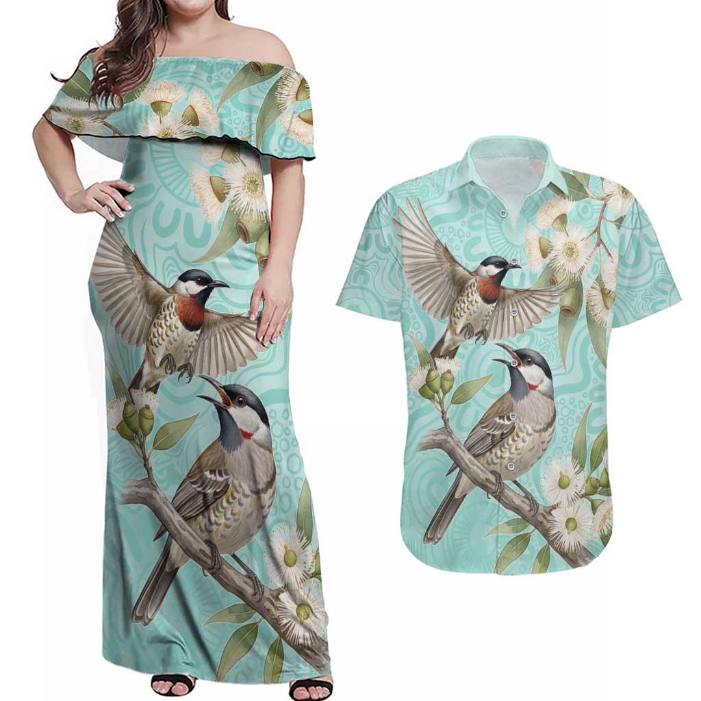 Australia Red Wattlebird Couples Matching Off Shoulder Maxi Dress and Hawaiian Shirt Eucalyptus Alba Indigenous Art - Aussie Hoodie