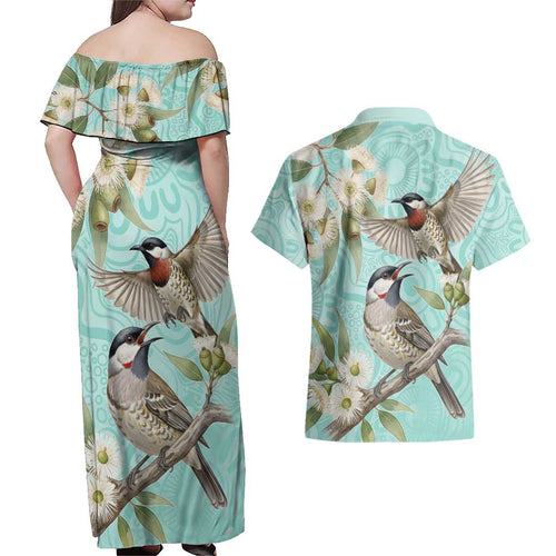 Australia Red Wattlebird Couples Matching Off Shoulder Maxi Dress and Hawaiian Shirt Eucalyptus Alba Indigenous Art - Aussie Hoodie