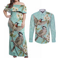 Australia Red Wattlebird Couples Matching Off Shoulder Maxi Dress and Long Sleeve Button Shirt Eucalyptus Alba Indigenous Art - Aussie Hoodie