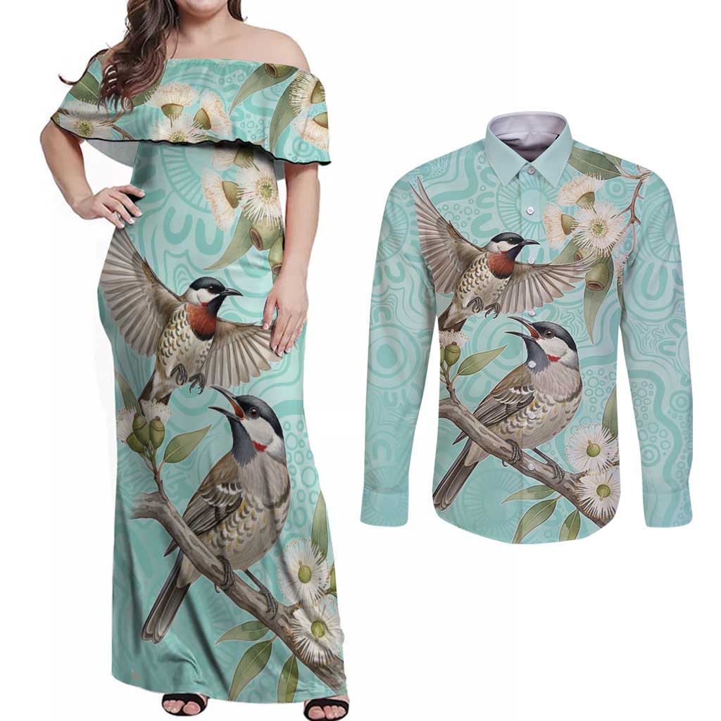 Australia Red Wattlebird Couples Matching Off Shoulder Maxi Dress and Long Sleeve Button Shirt Eucalyptus Alba Indigenous Art - Aussie Hoodie