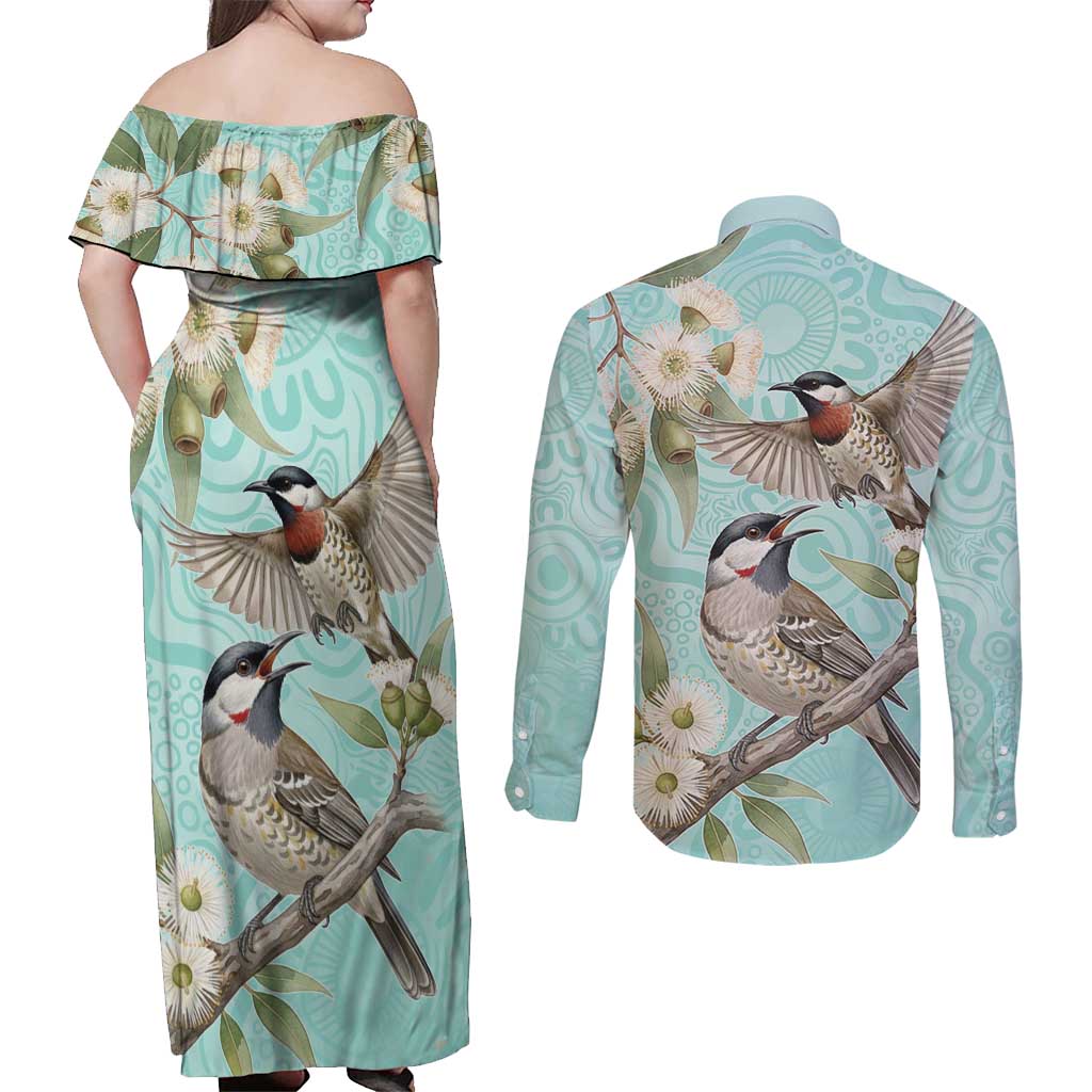 Australia Red Wattlebird Couples Matching Off Shoulder Maxi Dress and Long Sleeve Button Shirt Eucalyptus Alba Indigenous Art - Aussie Hoodie