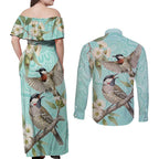 Australia Red Wattlebird Couples Matching Off Shoulder Maxi Dress and Long Sleeve Button Shirt Eucalyptus Alba Indigenous Art - Aussie Hoodie