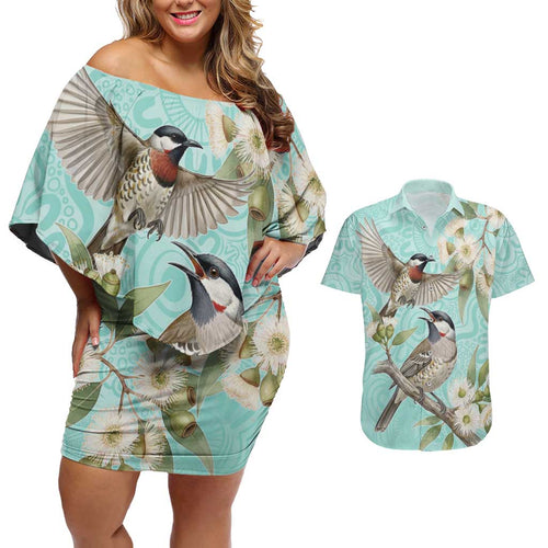 Australia Red Wattlebird Couples Matching Off Shoulder Short Dress and Hawaiian Shirt Eucalyptus Alba Indigenous Art - Aussie Hoodie