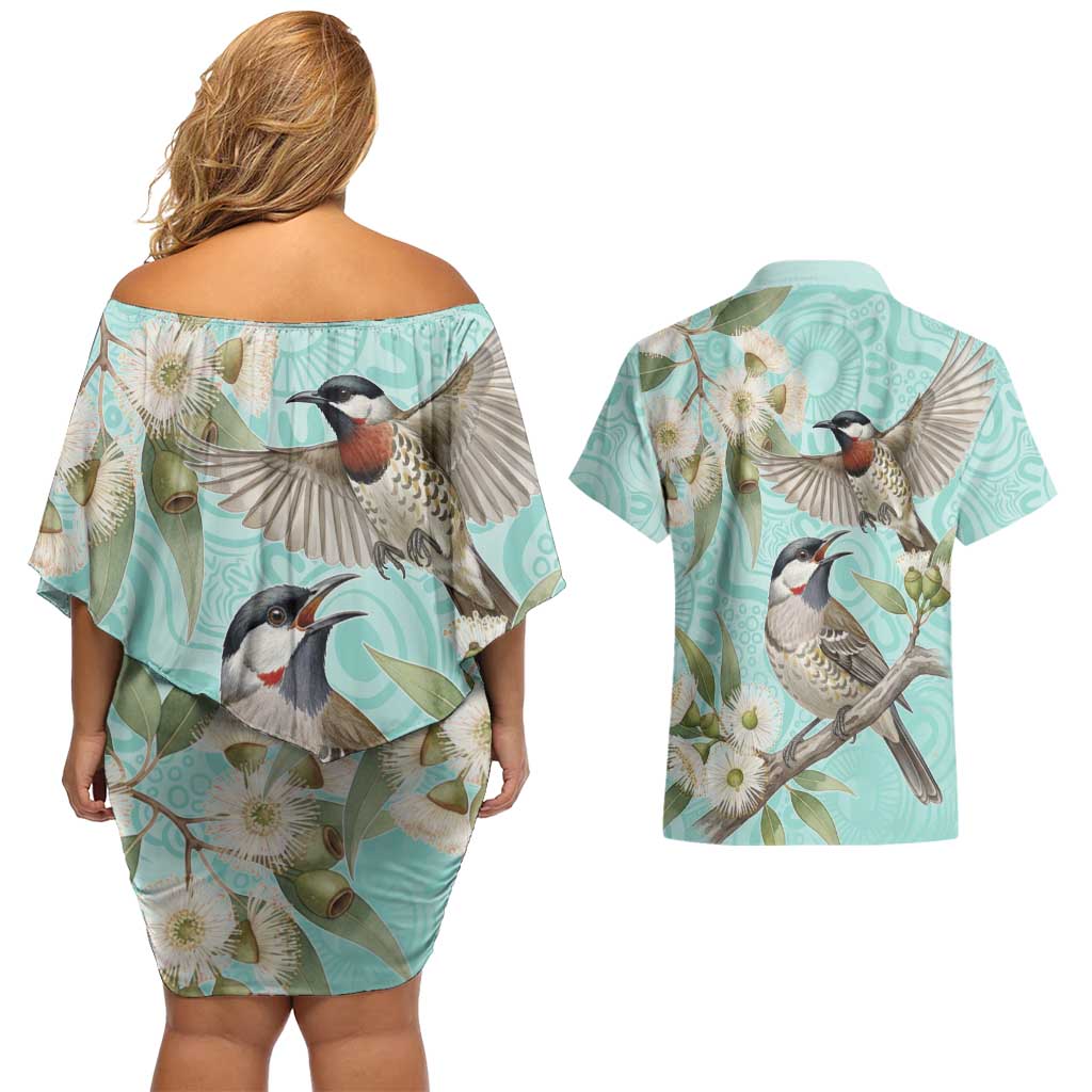 Australia Red Wattlebird Couples Matching Off Shoulder Short Dress and Hawaiian Shirt Eucalyptus Alba Indigenous Art - Aussie Hoodie