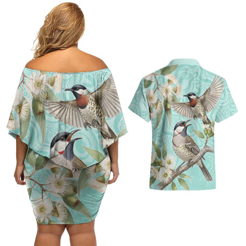 Australia Red Wattlebird Couples Matching Off Shoulder Short Dress and Hawaiian Shirt Eucalyptus Alba Indigenous Art - Aussie Hoodie
